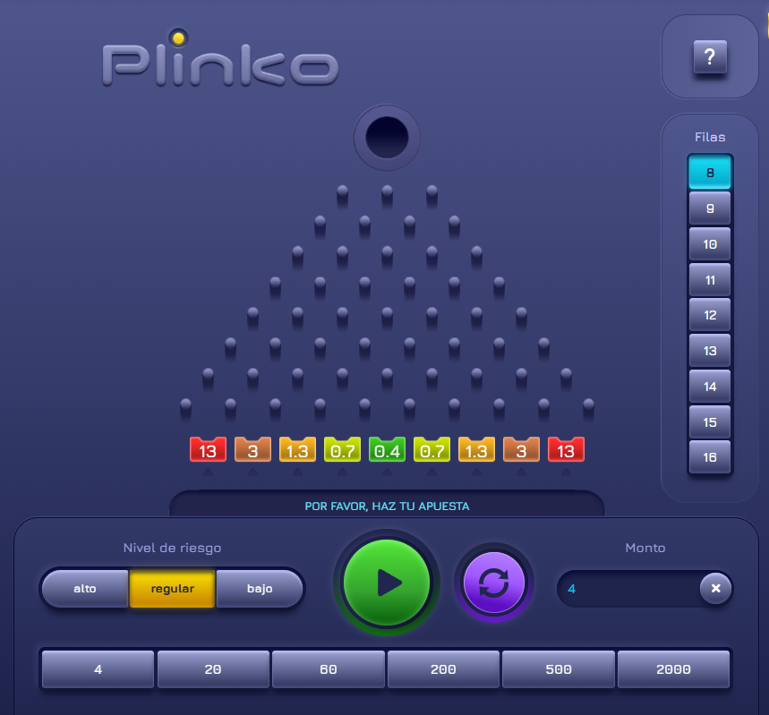 Diagrama detallado del tablero de Plinko mostrando clavijas, trayectoria de la bola y zonas de multiplicadores en la base