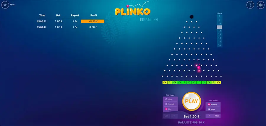 Historial de resultados del juego Plinko Colombia mostrando últimas tiradas con multiplicadores obtenidos