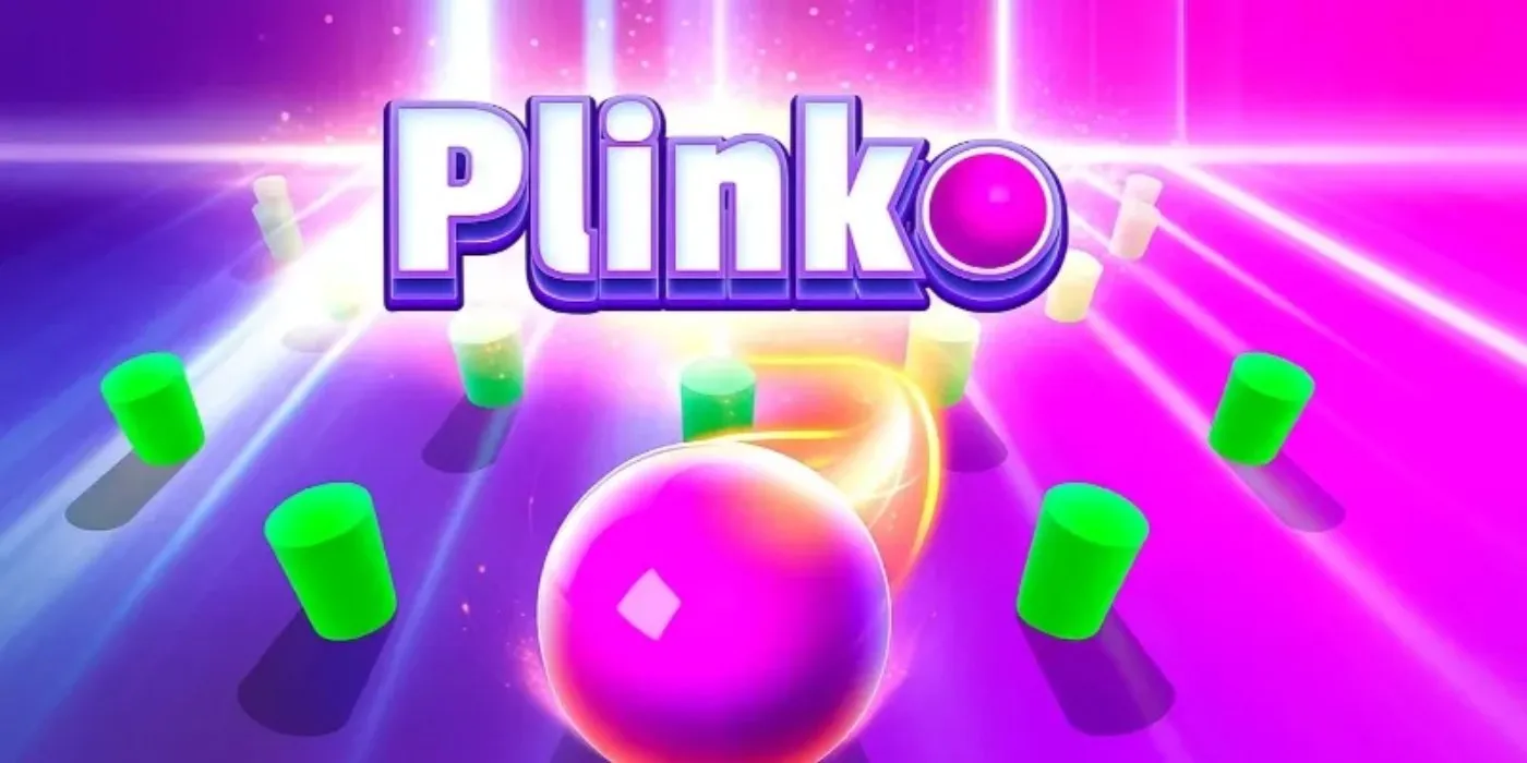 Bola de Plinko en plena caída rebotando entre los clavos del tablero con efecto de luz neon azul