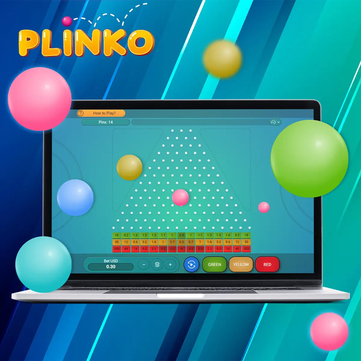 Panel de configuración de Plinko mostrando selector de nivel de riesgo bajo, medio y alto con indicadores visuales